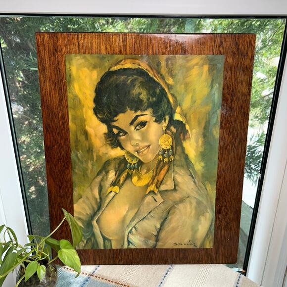 Vintage 1960s Jerry Spice Gypsy Girl Print on Wood with Resin Coating